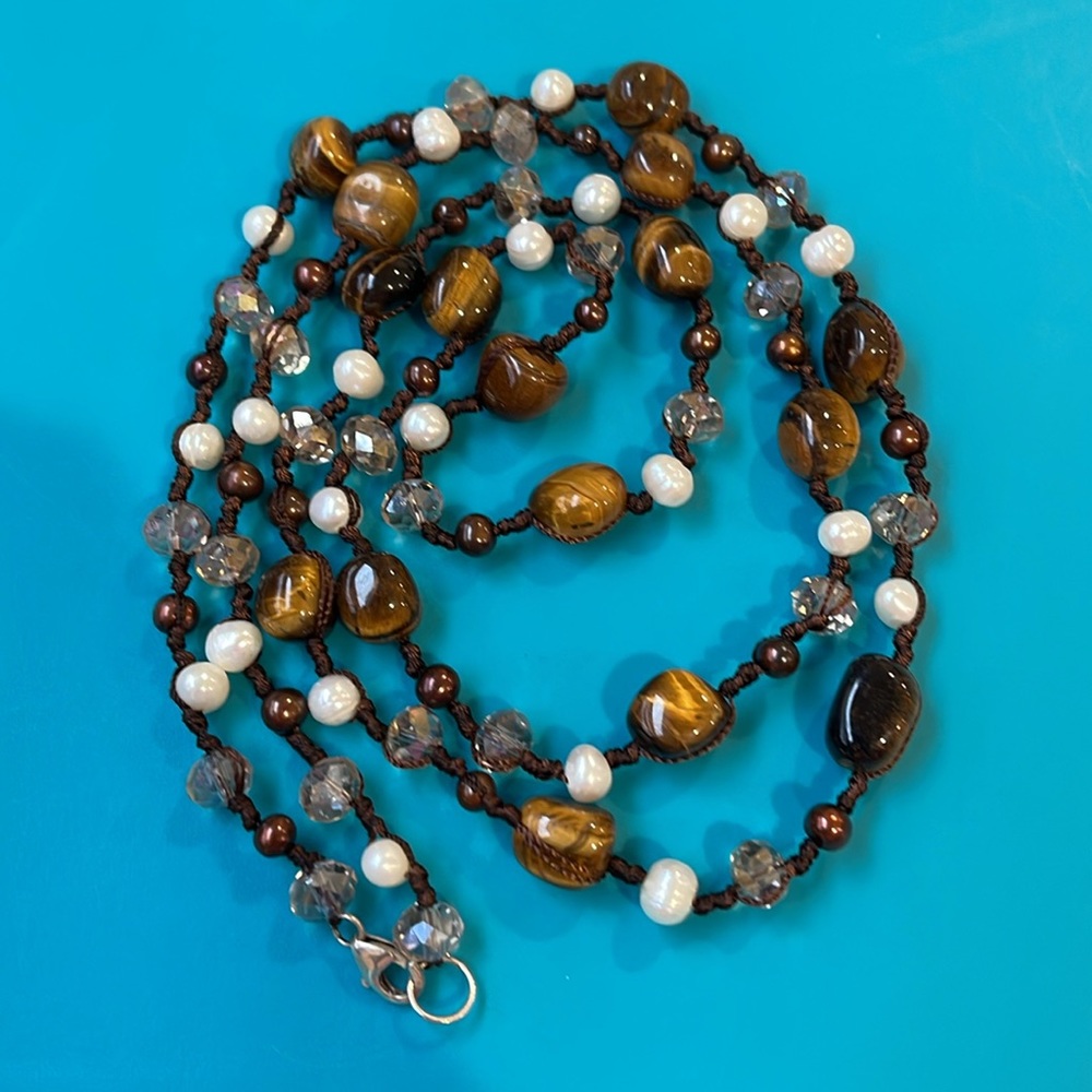 Sterling Silver, Tiger Eye, Crystal, and Pearl Necklace - 40” Long - Beautiful!